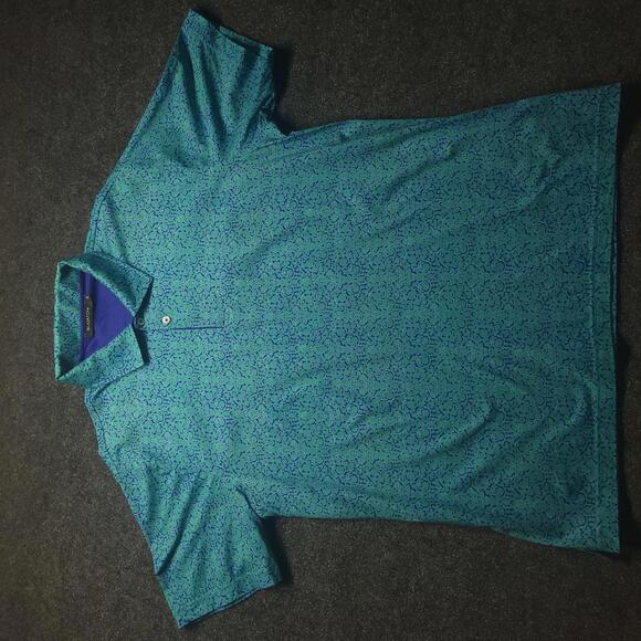 Bugatchi Shirt Mens XL Blue Green Abstract Floral Cotton Polo Short Sleeve - Picture 1 of 6